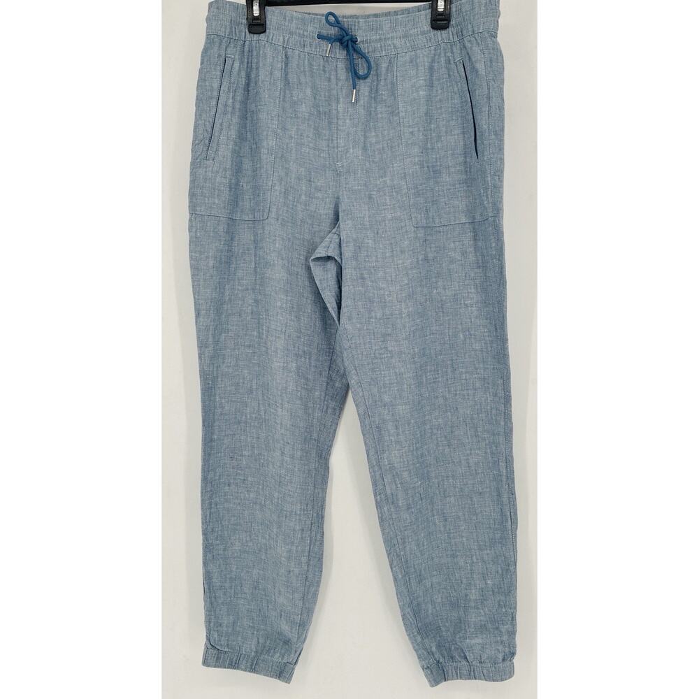 Athleta Sz 14 Linen Chambray Elas Wst Drawstring Wide Leg Jogger Pkts Athleisure - Picture 2 of 8